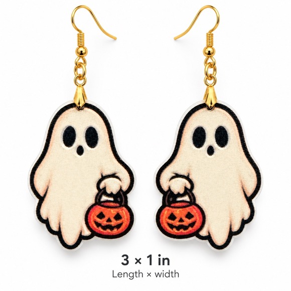 Pretty Princess Style Jewelry - Trick Or Treat Ghost Acrylic Dangle Earrings Gold Tone Hooks